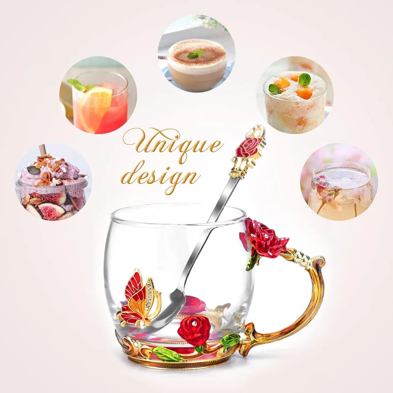 Glass Coffee Enamels Mug Best Birthday Gifts for Mom Women Butterfly Rose Lead-Free Stocking Stuffers for Women Red Tea Cup
