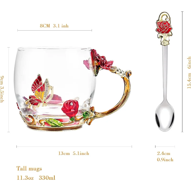 Glass Coffee Enamels Mug Best Birthday Gifts for Mom Women Butterfly Rose Lead-Free Stocking Stuffers for Women Red Tea Cup