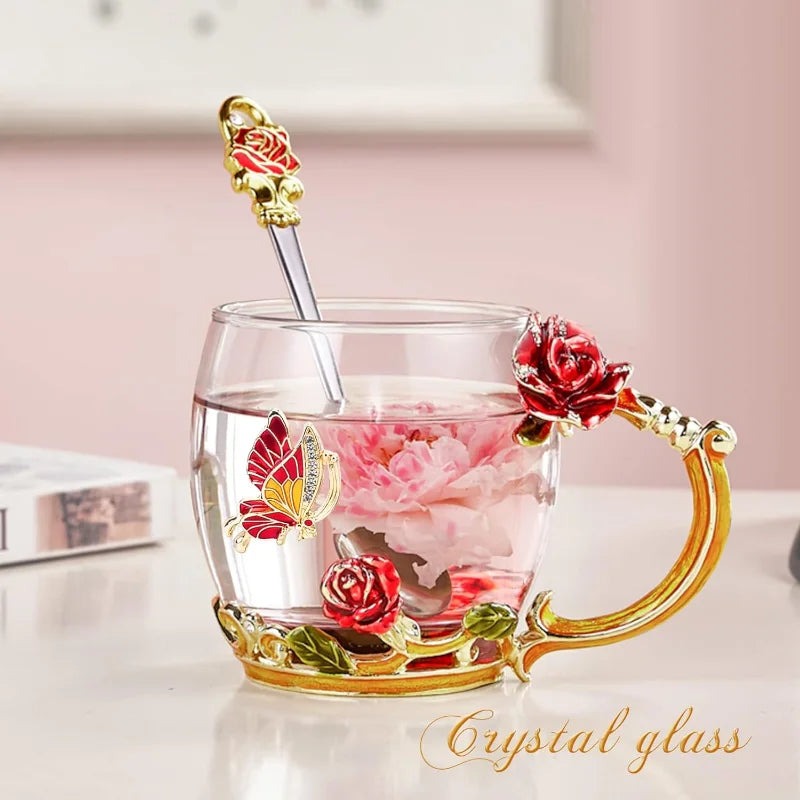 Glass Coffee Enamels Mug Best Birthday Gifts for Mom Women Butterfly Rose Lead-Free Stocking Stuffers for Women Red Tea Cup
