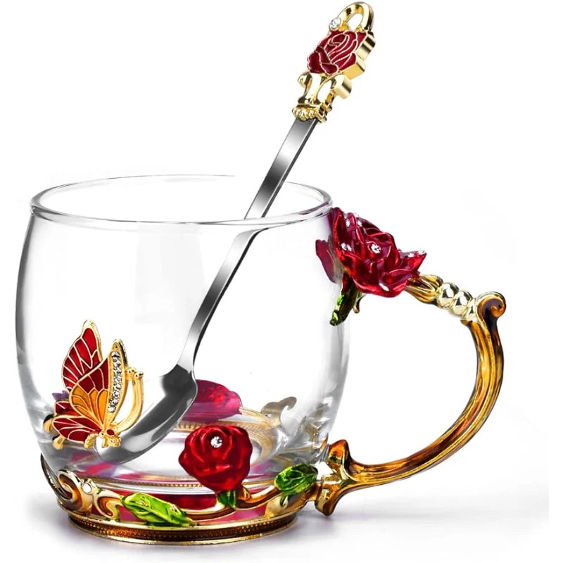 Glass Coffee Enamels Mug Best Birthday Gifts for Mom Women Butterfly Rose Lead-Free Stocking Stuffers for Women Red Tea Cup