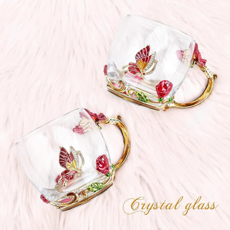 Glass Coffee Enamels Mug Best Birthday Gifts for Mom Women Butterfly Rose Lead-Free Stocking Stuffers for Women Red Tea Cup