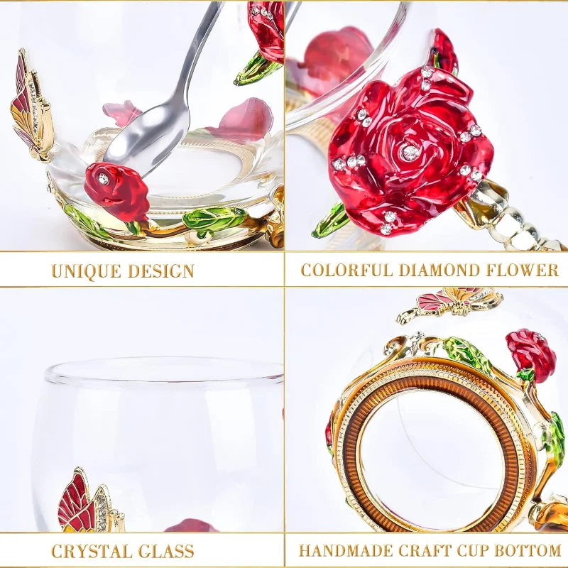 Glass Coffee Enamels Mug Best Birthday Gifts for Mom Women Butterfly Rose Lead-Free Stocking Stuffers for Women Red Tea Cup