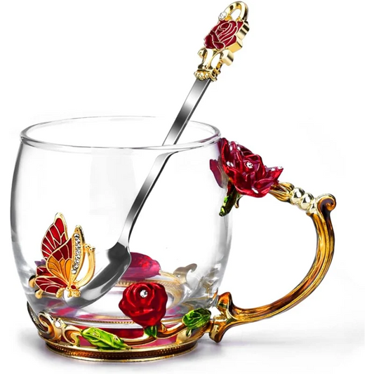 Glass Coffee Enamels Mug Best Birthday Gifts for Mom Women Butterfly Rose Lead-Free Stocking Stuffers for Women Red Tea Cup