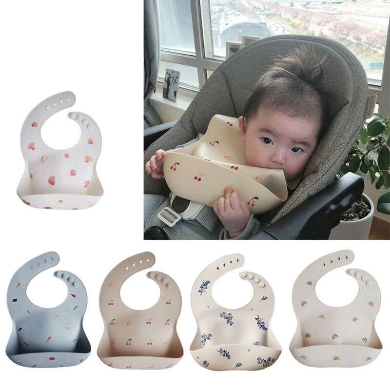 Cartoon Printing Baby Bibs Waterproof Soft Silicone Baby Feeding Catcher Adjustable Roll up Food Pocket for Infants Newborn Boys