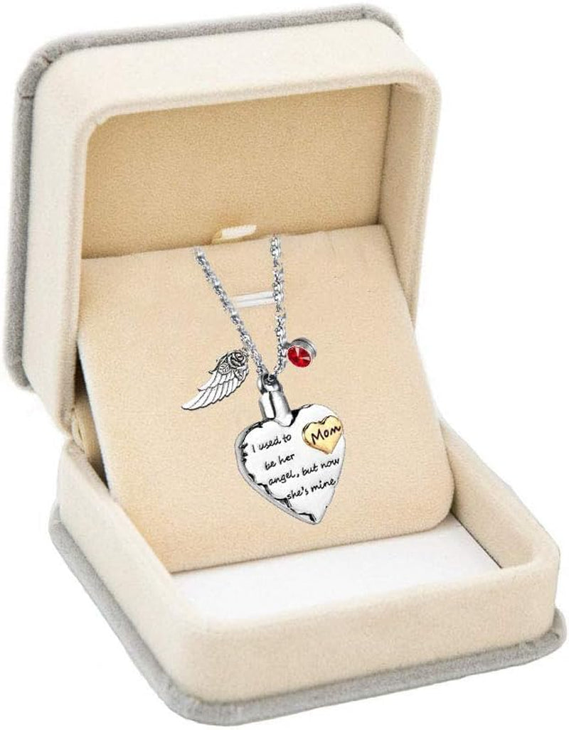 Heart Cremation Urn Necklace for Ashes Angel Wing Jewelry Memorial Pendant and 12 PCS Birthstones No Longer by My Side but Forever in My Heart