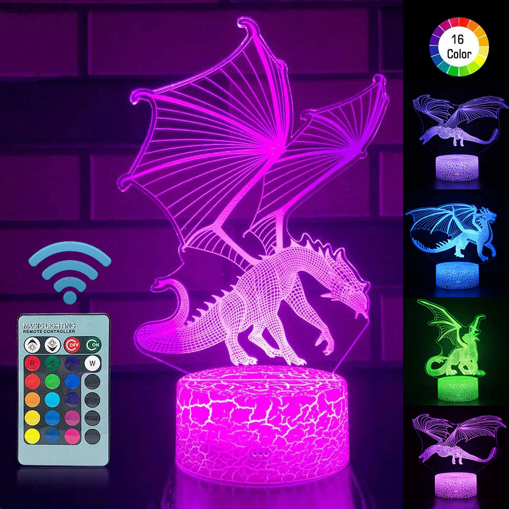 16 Colors 3D LED Night Light Remote and Touch Control LED Lamp Bedroom Decor Desk Setup Lighting Kids Gift Dragon Night Lights