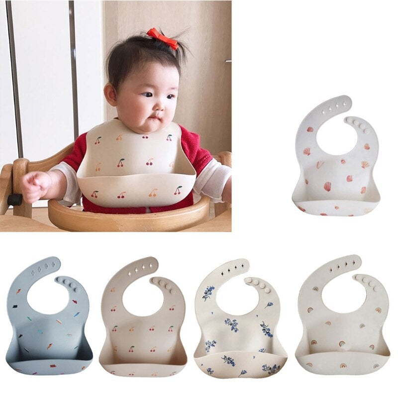 Cartoon Printing Baby Bibs Waterproof Soft Silicone Baby Feeding Catcher Adjustable Roll up Food Pocket for Infants Newborn Boys