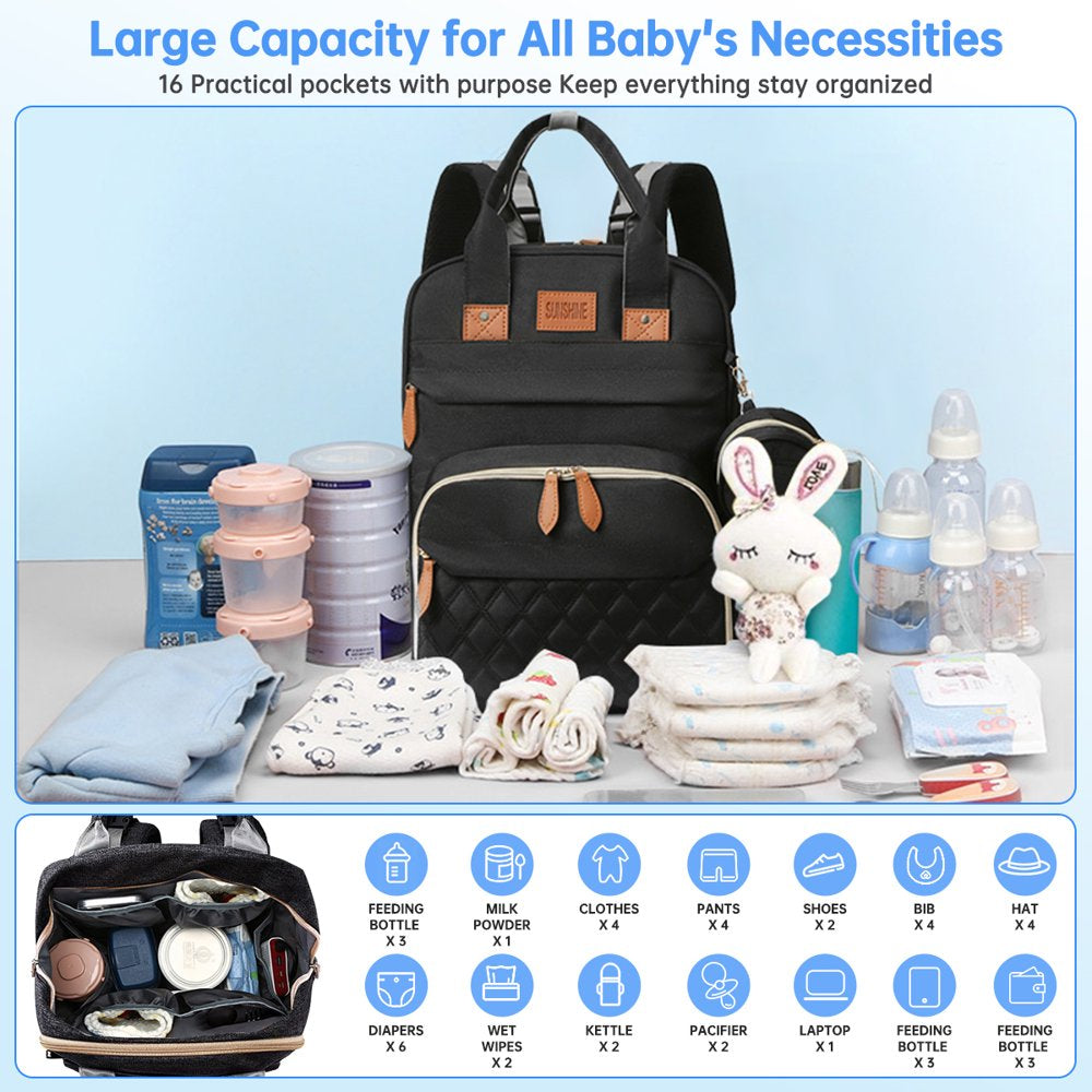 Diaper Bag Backpack, Multifunction Baby Bag with Changing Station, Large Capacity Diaper Bags W/ Foldable Crib & Insulated Pocket, Portable Waterproof Backpack, USB Charging Port&Stroller Straps,Black