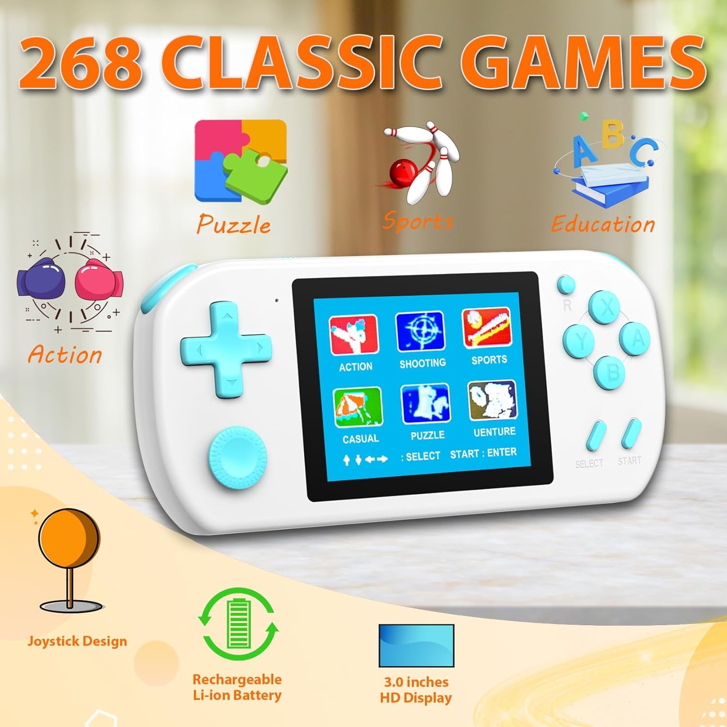 Handheld Games for Kids Aldults with Built in 268 Classic Retro Video Games,3.0'' Color Screen Rechargeable Portable Arcade Gaming Player,Boys Girls Travel Electronics Toys Birthday Gift (White)