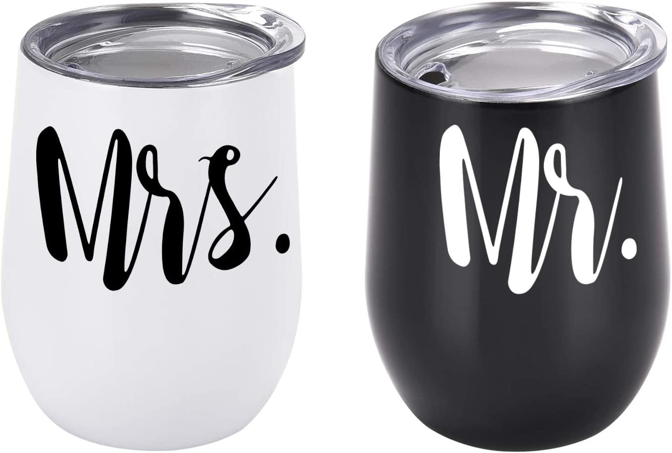 Mr and Mrs Wine Tumbler Set, Wedding Wine Tumbler, 12 Oz Insulated Stainless Steel Wine Tumbler for Newlyweds Couples Wife, Wedding Tumbler Idea for Bridal Showers Engagement, Set of 2