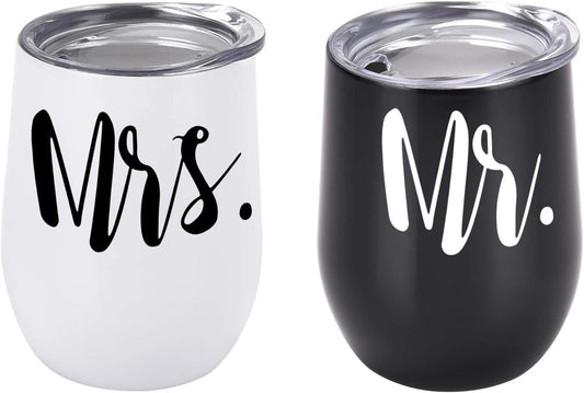 Mr and Mrs Wine Tumbler Set, Wedding Wine Tumbler, 12 Oz Insulated Stainless Steel Wine Tumbler for Newlyweds Couples Wife, Wedding Tumbler Idea for Bridal Showers Engagement, Set of 2