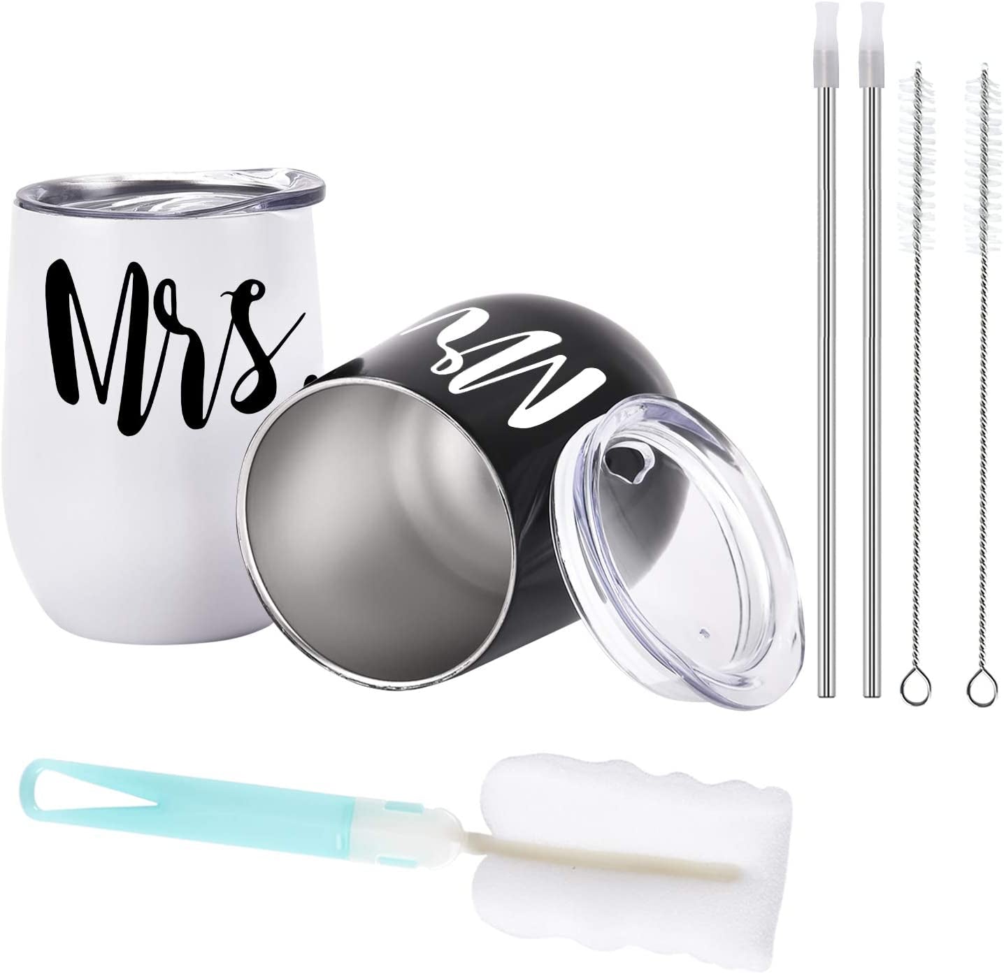 Mr and Mrs Wine Tumbler Set, Wedding Wine Tumbler, 12 Oz Insulated Stainless Steel Wine Tumbler for Newlyweds Couples Wife, Wedding Tumbler Idea for Bridal Showers Engagement, Set of 2