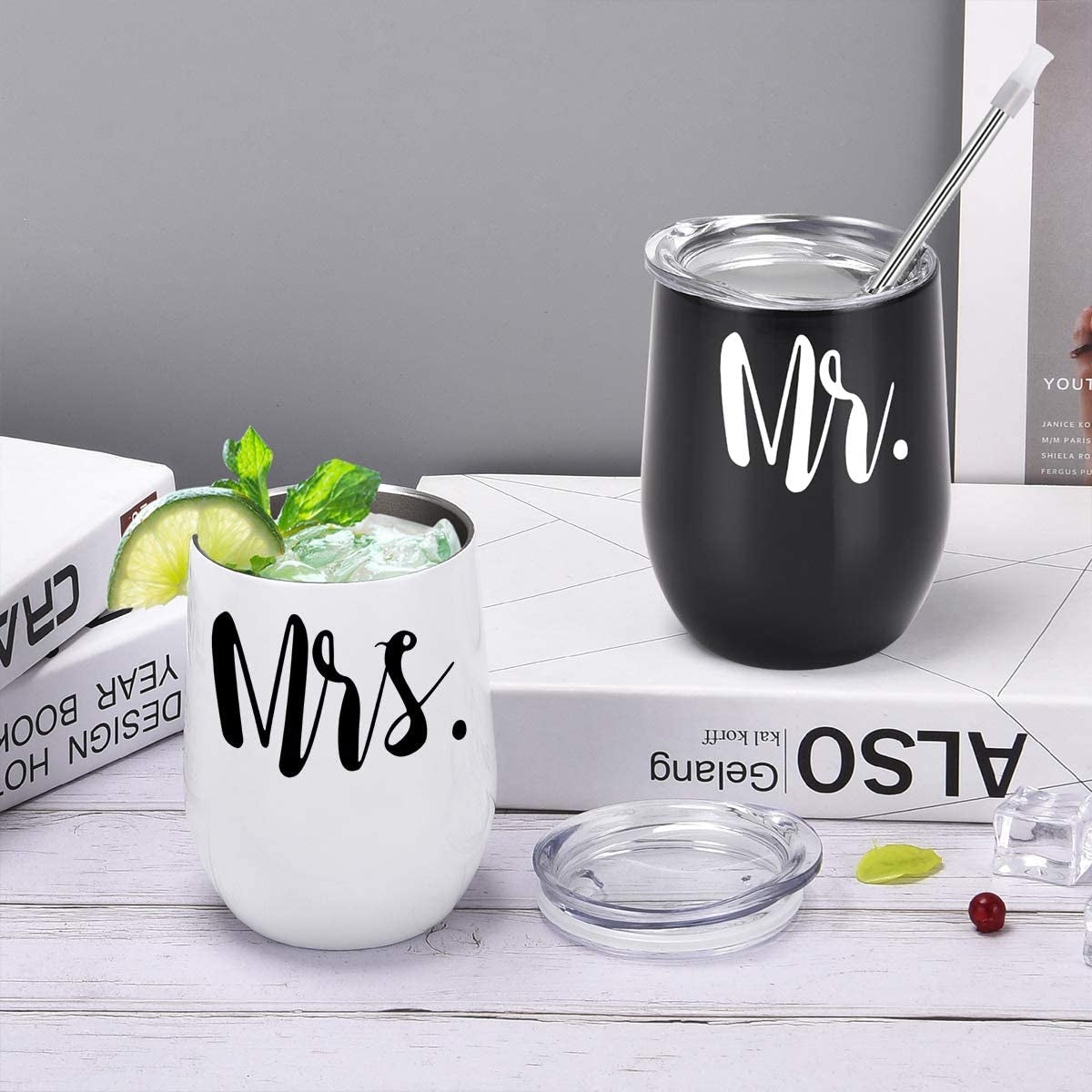 Mr and Mrs Wine Tumbler Set, Wedding Wine Tumbler, 12 Oz Insulated Stainless Steel Wine Tumbler for Newlyweds Couples Wife, Wedding Tumbler Idea for Bridal Showers Engagement, Set of 2